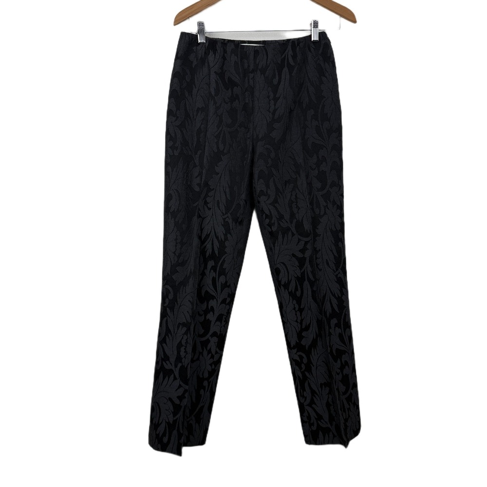 Max Mara Pants Womens 10 Black Damask Jacquard Wool Silk Tapered Made in Italy
